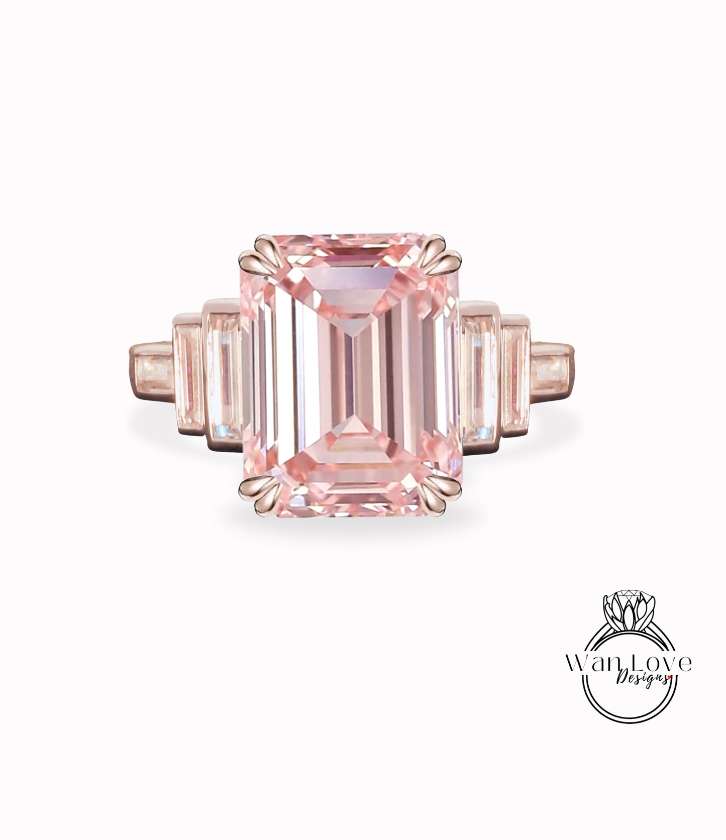 Peach Sapphire & Diamond Engagement Ring Emerald cut Baguette 7 Gem Stone bezel set ring wedding ring Bridal ring Moissanite Anniversary gift