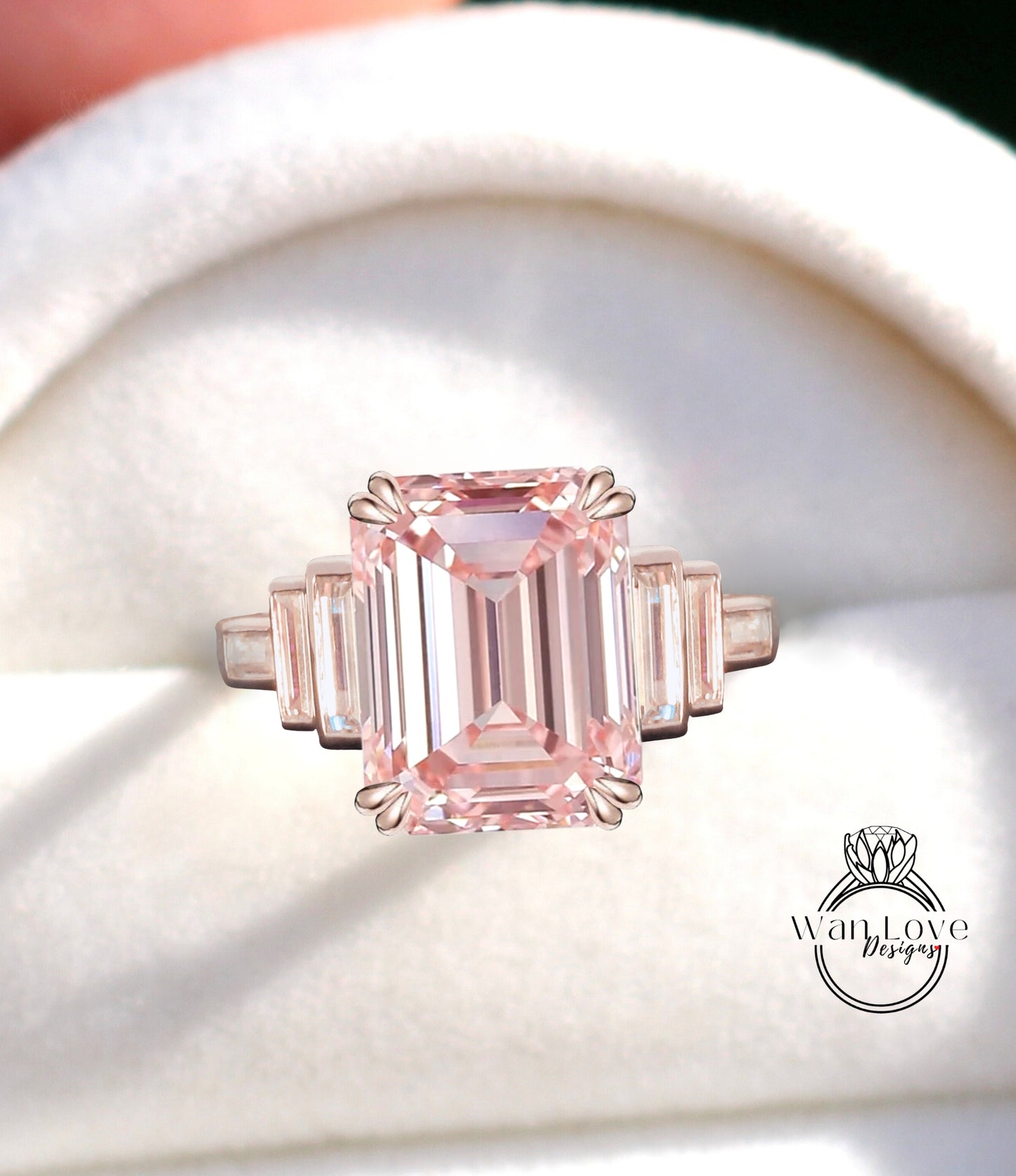 Peach Sapphire & Diamond Engagement Ring Emerald cut Baguette 7 Gem Stone bezel set ring wedding ring Bridal ring Moissanite Anniversary gift