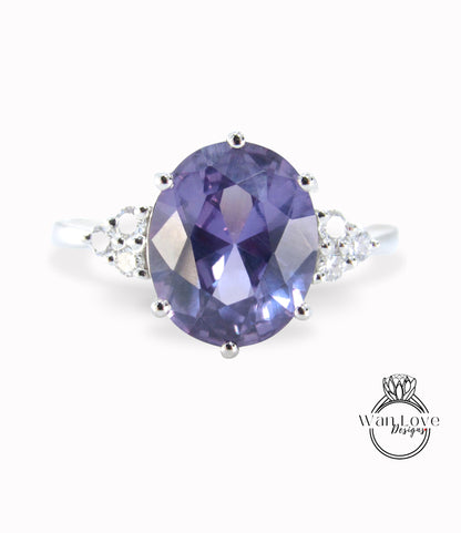 Anello di fidanzamento ovale con zaffiro viola da 5 ct e alessandrite, vintage, con diamanti unici, anello di fidanzamento in platino, pronto per il regalo