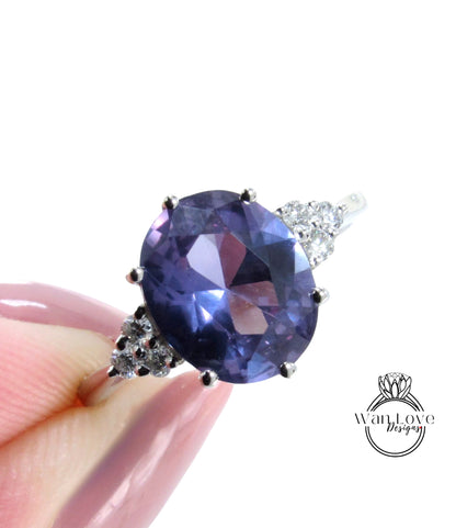 Anello di fidanzamento ovale con zaffiro viola da 5 ct e alessandrite, vintage, con diamanti unici, anello di fidanzamento in platino, pronto per il regalo