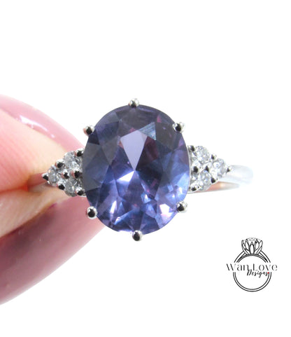 Anello di fidanzamento ovale con zaffiro viola da 5 ct e alessandrite, vintage, con diamanti unici, anello di fidanzamento in platino, pronto per il regalo