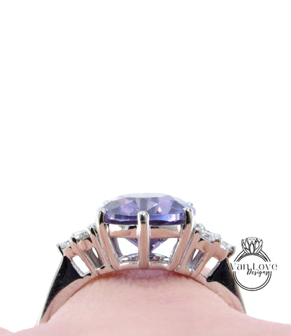 Anello di fidanzamento ovale con zaffiro viola da 5 ct e alessandrite, vintage, con diamanti unici, anello di fidanzamento in platino, pronto per il regalo