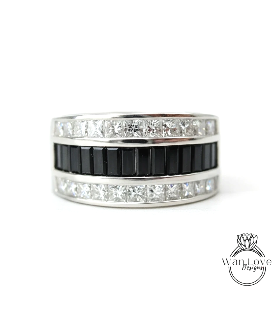 Blue Sapphire Moissanite Channel set Baguette Princess Wedding Band-Mens Ring-Custom-Engagement-Mans-Wedding-Anniversary Gift-Commitment