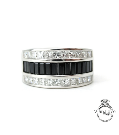 White gold Diamond men's Band vintage three row baguette princess cut wedding ring unique Birthstone ring anniversary ring solid gold band