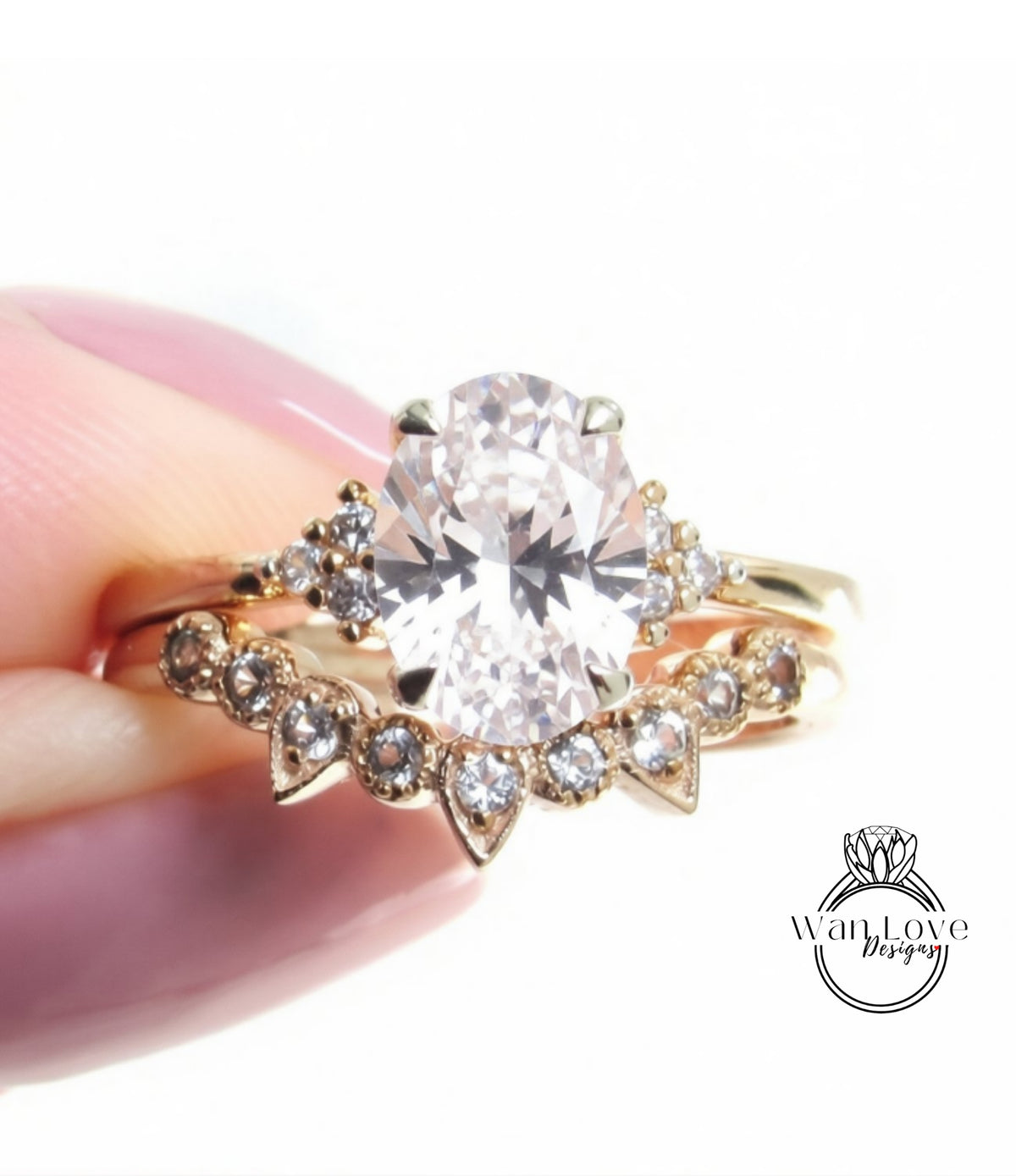 A close-up of a gold ring with a large oval-shaped diamond set in the center, surrounded by smaller diamonds.