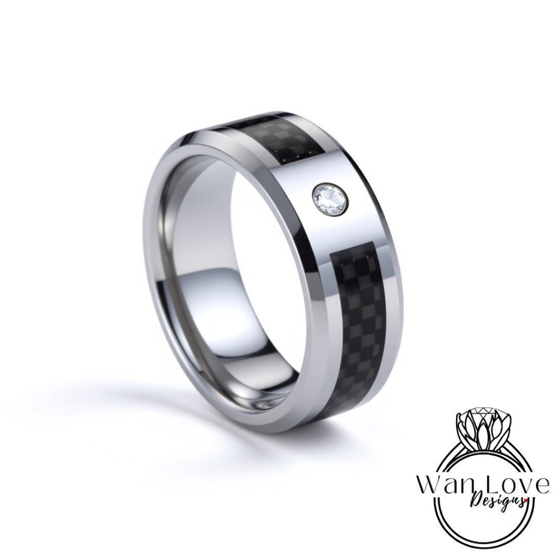 Mens Silver Black Carbon Fiber Wedding Band, Mens Moissanite Diamond Wedding Ring, Mens Sapphire Ring, Tungsten Carbide Band,Engagement Ring Wan Love Designs