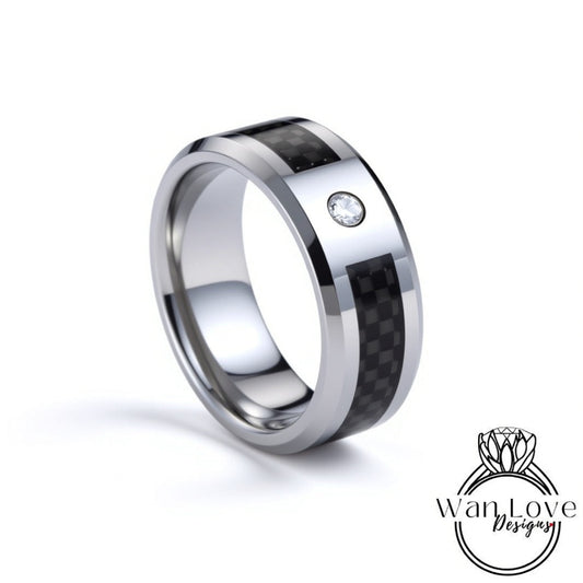 Mens Silver Black Carbon Fiber Wedding Band, Mens Moissanite Diamond Wedding Ring, Mens Sapphire Ring, Tungsten Carbide Band,Engagement Ring Wan Love Designs