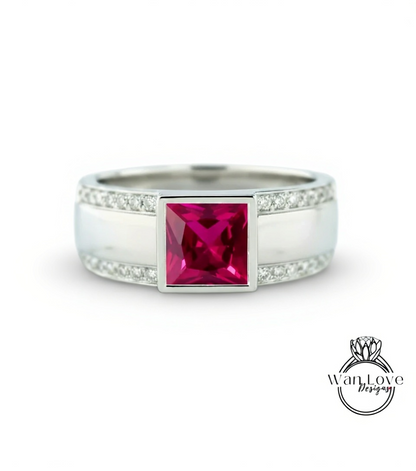 Moissanite Diamond Mens Ring, 14k white gold diamond men's ring, 2 row mans diamond ring, Modern gemstone ring, 14K White Gold, Wedding Band