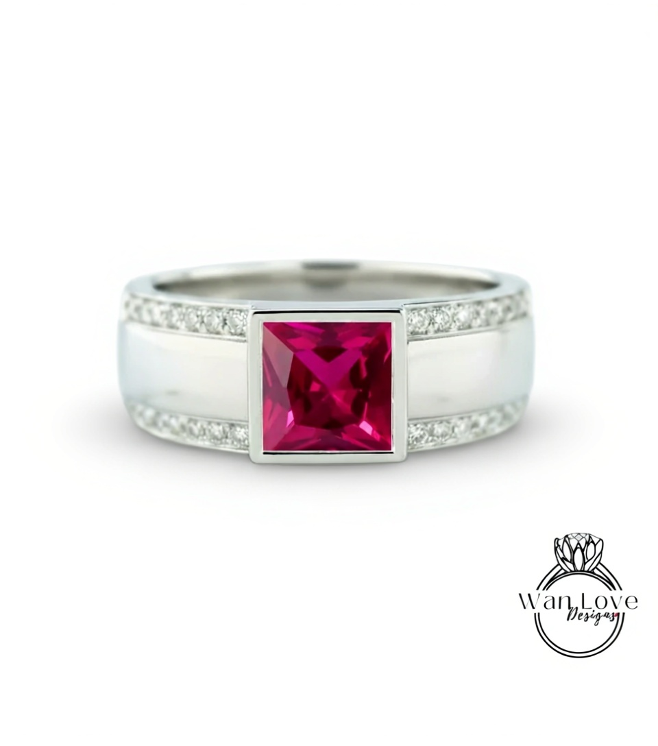 Men's Black Spinel Wedding Band | Square White Gold Men Band | Princess Cut Black Diamond Wedding Ring | Unique Men's Wedding Band