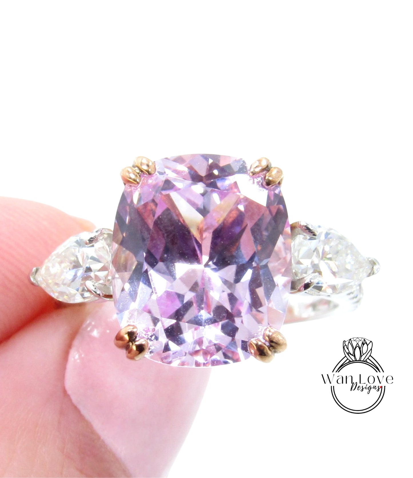 7ct Light Pink Sapphire Moissanite Engagement Ring Elongated Cushion Pear three stone Anniversary ring two tone White Rose Gold ring-Ready