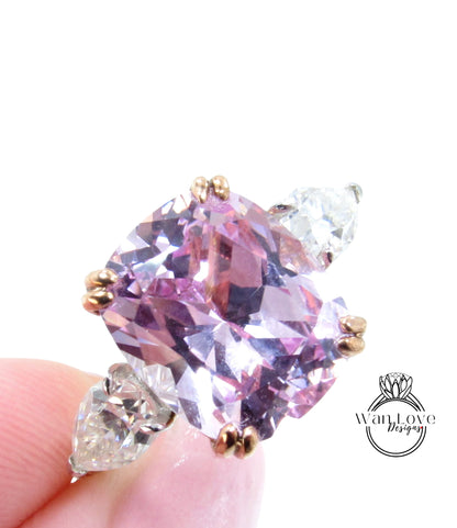 7ct Light Pink Sapphire Moissanite Engagement Ring Elongated Cushion Pear three stone Anniversary ring two tone White Rose Gold ring-Ready