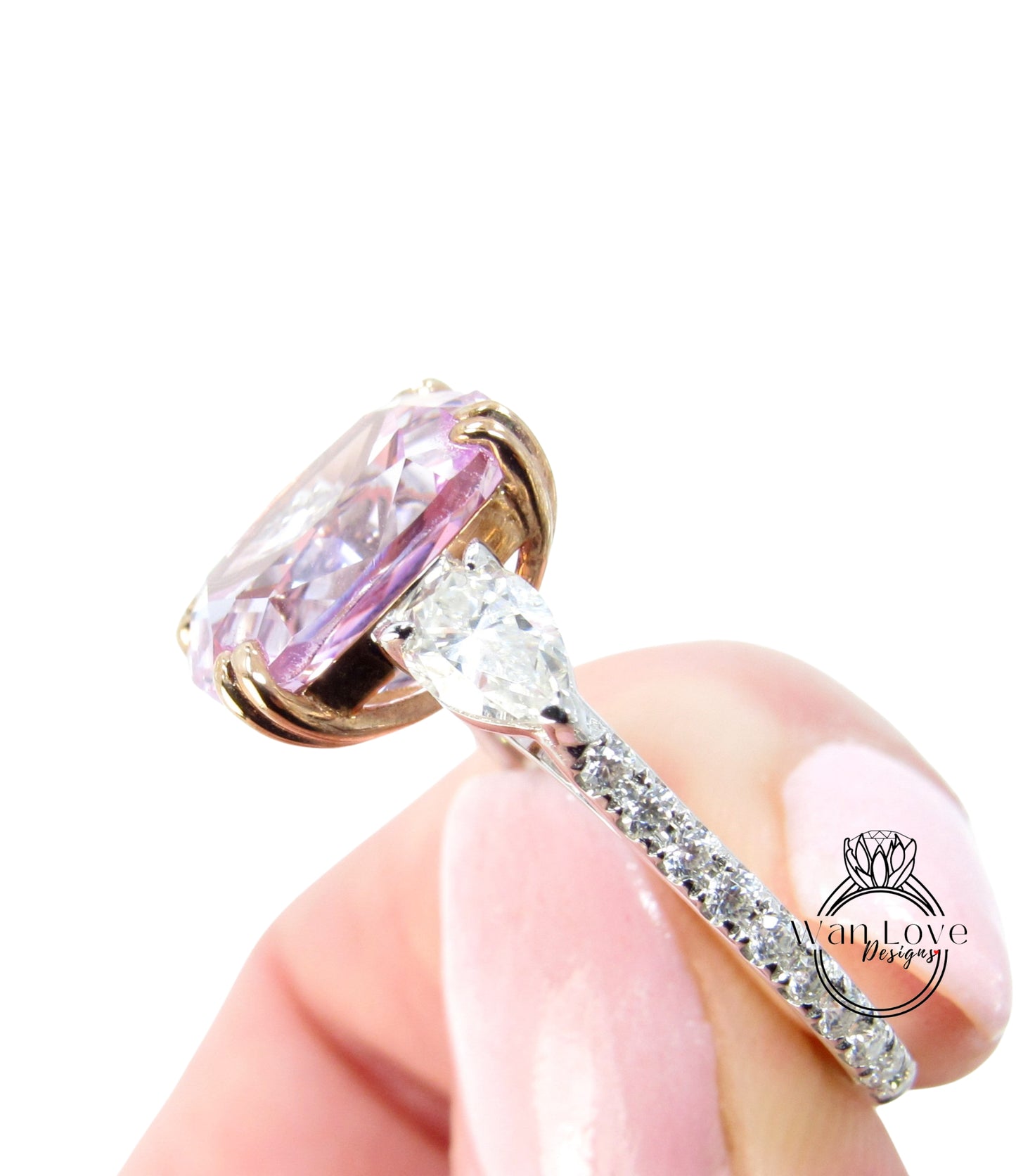 7ct Light Pink Sapphire Moissanite Engagement Ring Elongated Cushion Pear three stone Anniversary ring two tone White Rose Gold ring-Ready