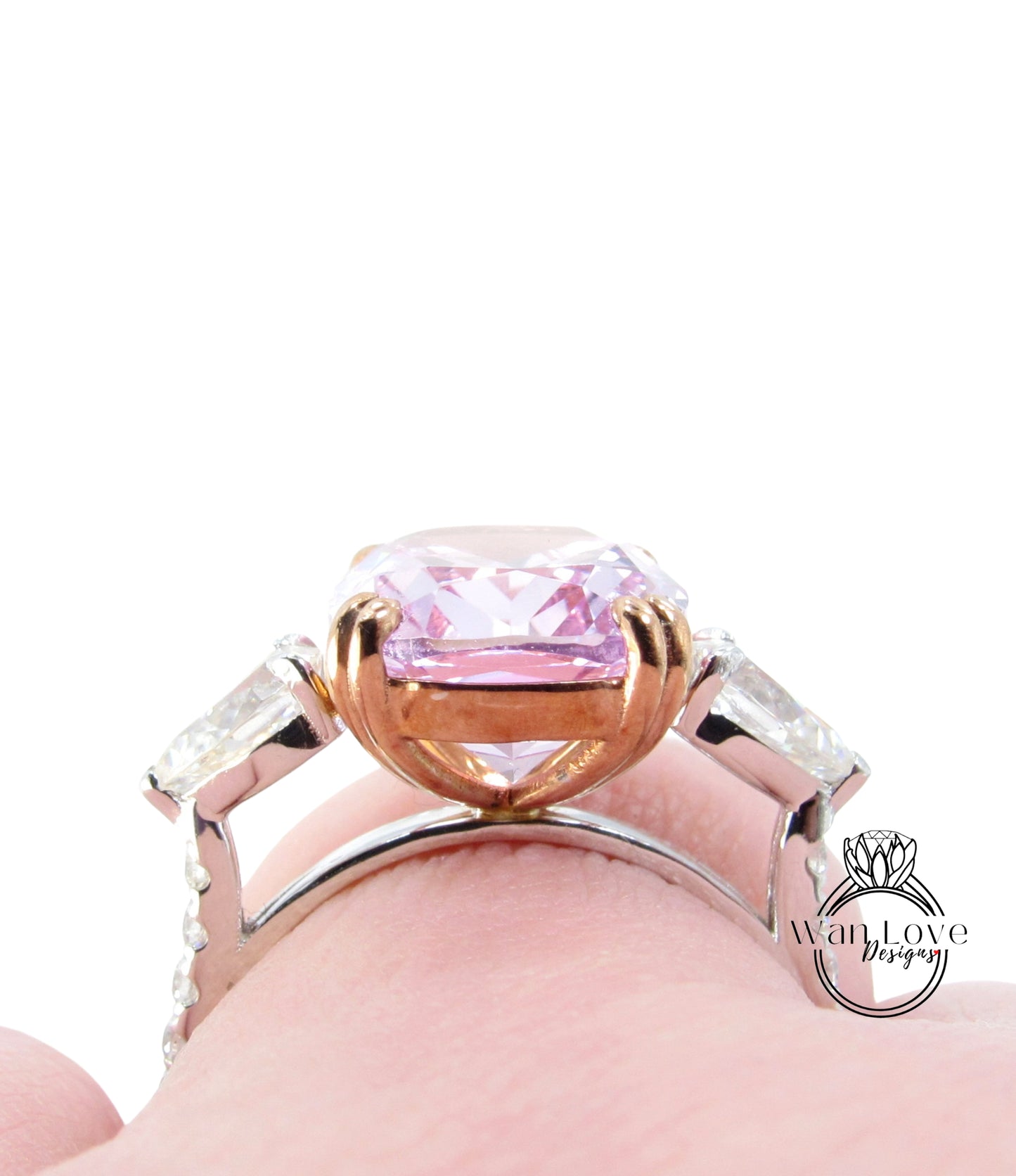 7ct Light Pink Sapphire Moissanite Engagement Ring Elongated Cushion Pear three stone Anniversary ring two tone White Rose Gold ring-Ready