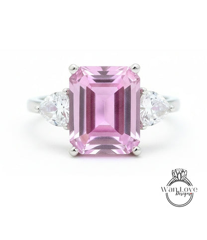 Emerald Trillion Pink White Sapphire Engagement Ring Vintage Filigree Gallery ring 8ct 3 gem stone ring Anniversary Gift Promise ring-Ready