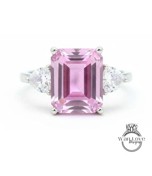 Emerald Trillion Pink White Sapphire Engagement Ring Vintage Filigree Gallery ring 8ct 3 gem stone ring Anniversary Gift Promise ring-Ready