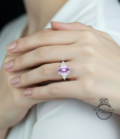 Emerald Trillion Pink White Sapphire Engagement Ring Vintage Filigree Gallery ring 8ct 3 gem stone ring Anniversary Gift Promise ring-Ready