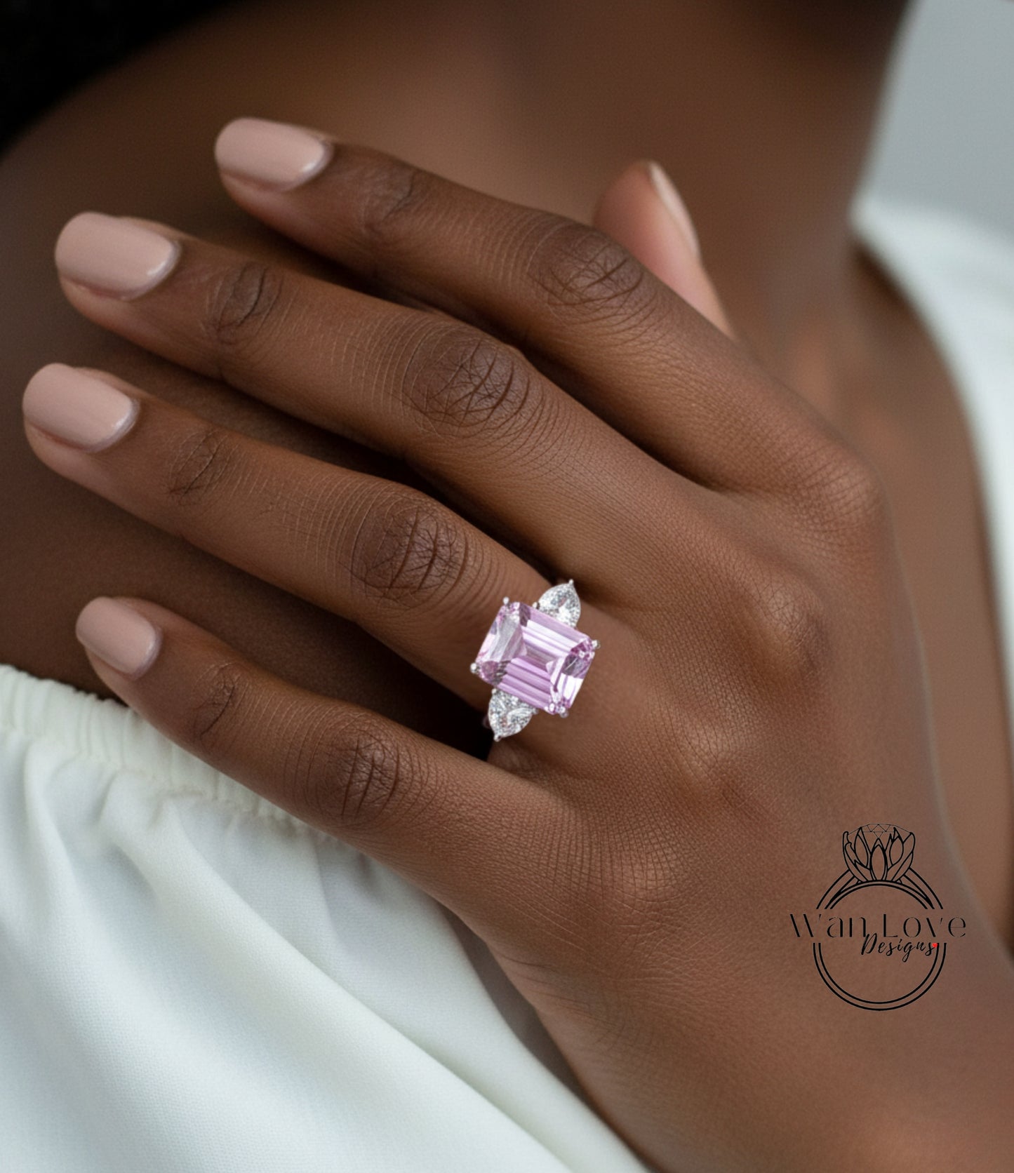 Emerald Trillion Pink White Sapphire Engagement Ring Vintage Filigree Gallery ring 8ct 3 gem stone ring Anniversary Gift Promise ring-Ready