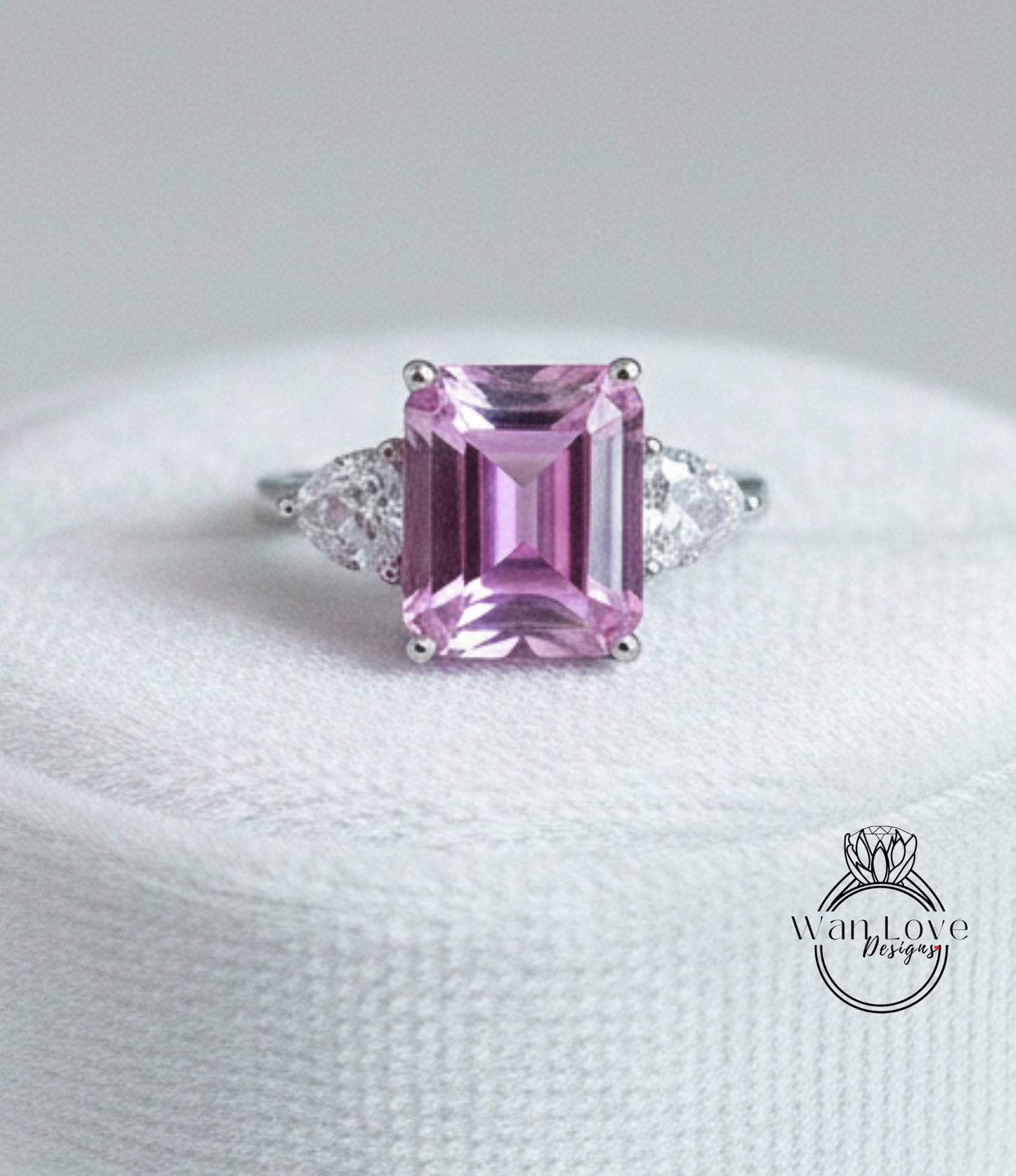 Emerald Trillion Pink White Sapphire Engagement Ring Vintage Filigree Gallery ring 8ct 3 gem stone ring Anniversary Gift Promise ring-Ready