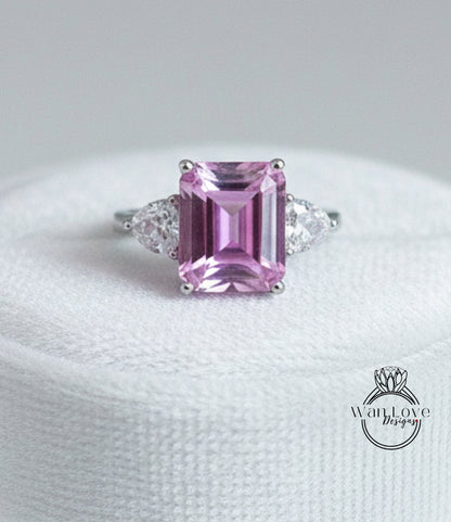 Emerald Trillion Pink White Sapphire Engagement Ring Vintage Filigree Gallery ring 8ct 3 gem stone ring Anniversary Gift Promise ring-Ready