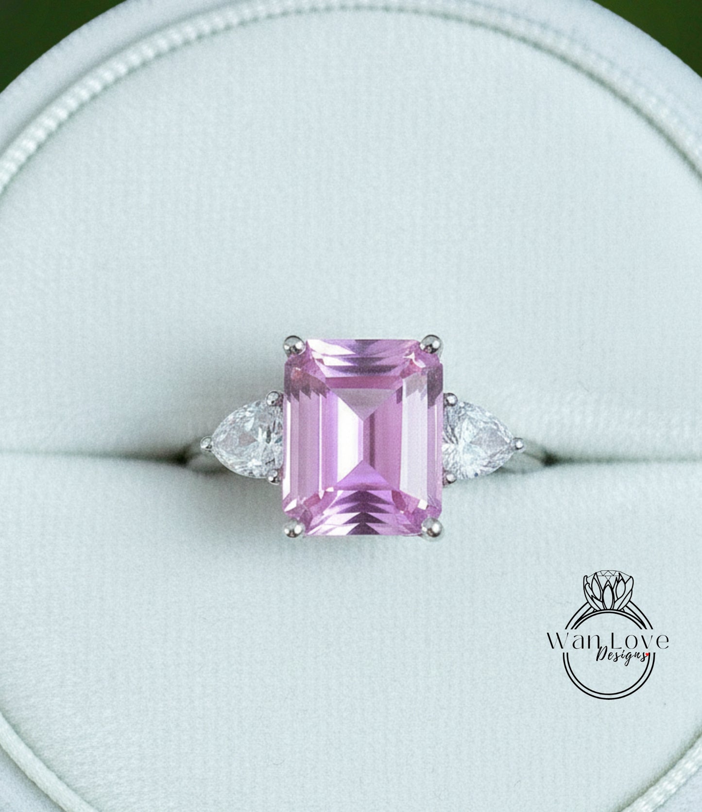 Emerald Trillion Pink White Sapphire Engagement Ring Vintage Filigree Gallery ring 8ct 3 gem stone ring Anniversary Gift Promise ring-Ready