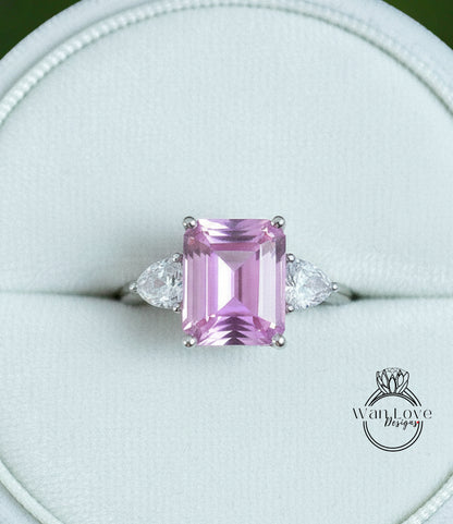 Emerald Trillion Pink White Sapphire Engagement Ring Vintage Filigree Gallery ring 8ct 3 gem stone ring Anniversary Gift Promise ring-Ready