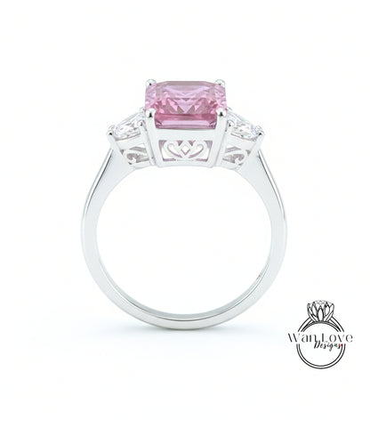 Emerald Trillion Pink White Sapphire Engagement Ring Vintage Filigree Gallery ring 8ct 3 gem stone ring Anniversary Gift Promise ring-Ready