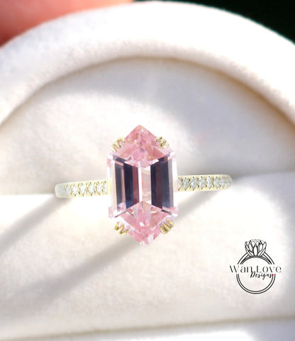 Peach Sapphire Hexagon Engagement Ring, Triple 3 fishtail prongs, 5ct 12x7mm-Custom-Wedding-14k 18k Rose White Yellow Gold, Anniversary Gift