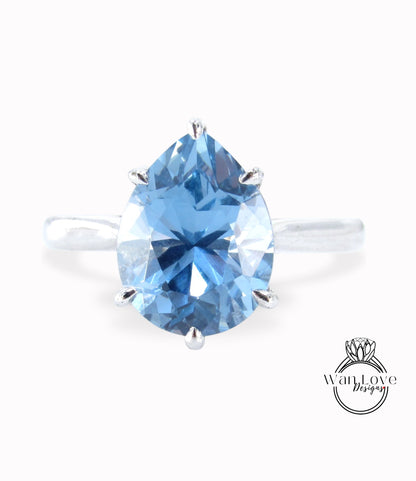 Aquamarine Blue Spinel 6 Prong Pear Solitaire Engagement Ring Cathedral 4.5ct 12x9mm Wedding Anniversary Ready to ship