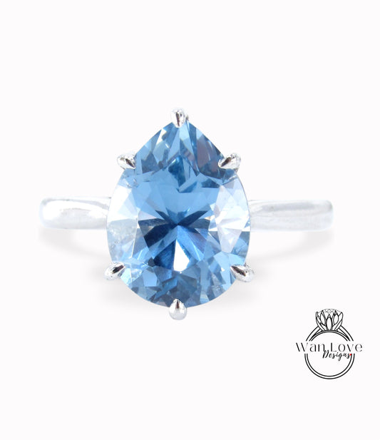 Anello di fidanzamento solitario con pera a 6 punte con spinello blu acquamarina, 4,5 ct, 12 x 9 mm, anniversario di matrimonio Pronto per la spedizione