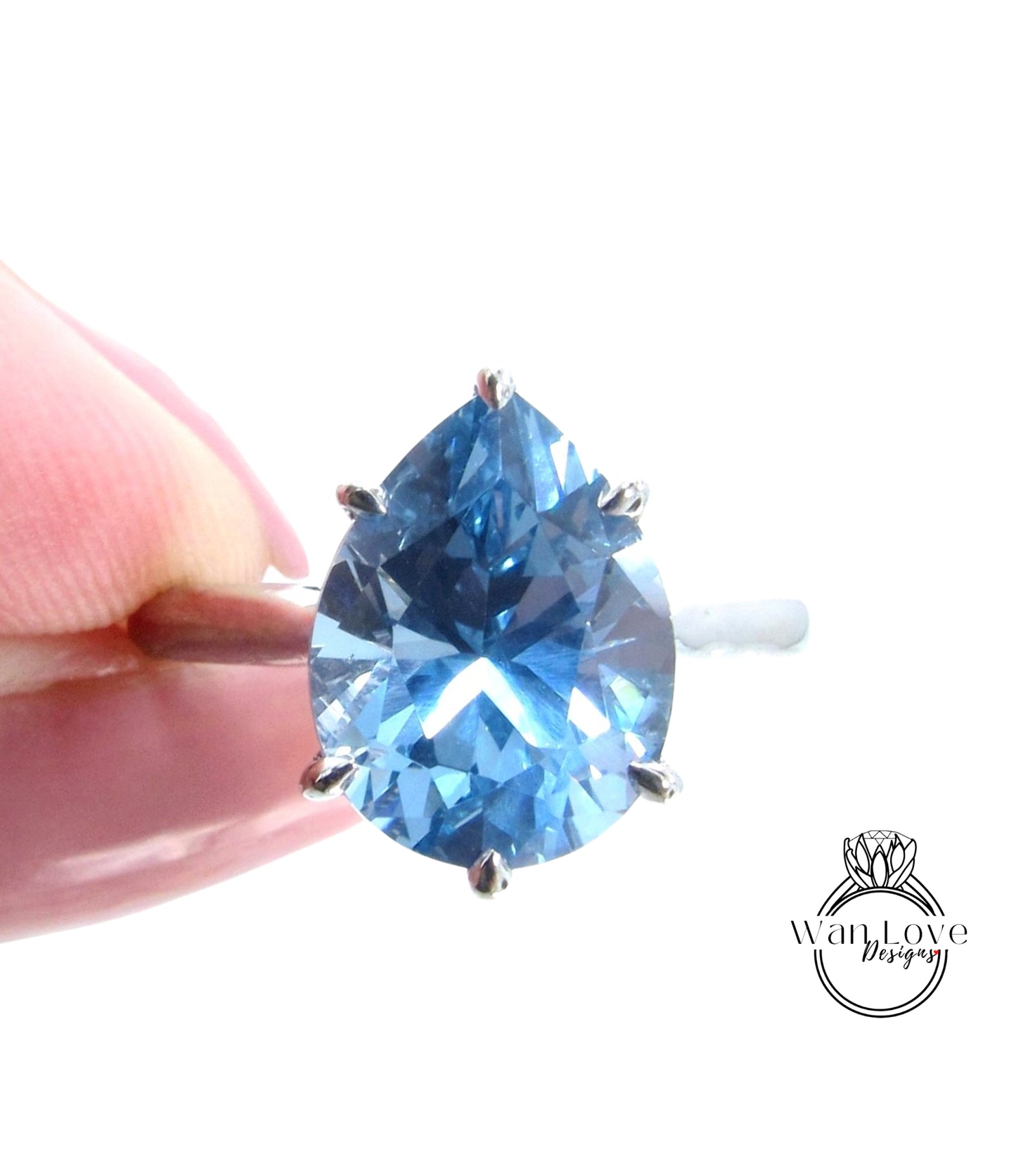 Aquamarine Blue Spinel 6 Prong Pear Solitaire Engagement Ring Cathedral 4.5ct 12x9mm Wedding Anniversary Ready to ship