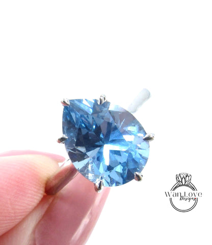 Aquamarine Blue Spinel 6 Prong Pear Solitaire Engagement Ring Cathedral 4.5ct 12x9mm Wedding Anniversary Ready to ship