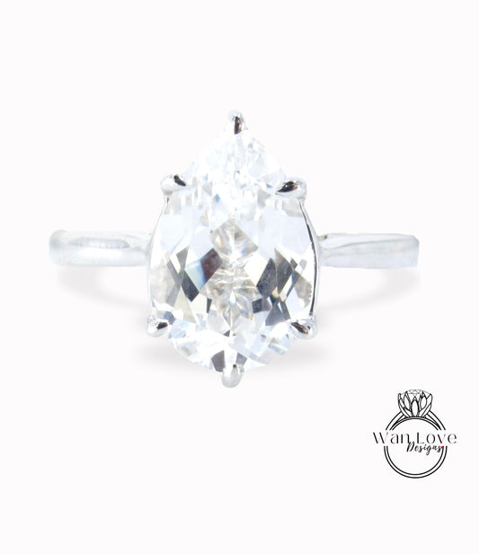 White Sapphire Solitaire Pear Engagement Ring 6 prong Cathedral Solitaire 4ct 12x8mm Wedding Anniversary promise ring gift, Ready to Ship