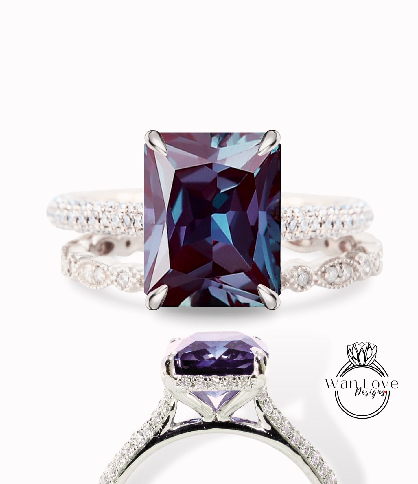 Set di anelli di fidanzamento radianti con alessandrite e diamanti, set di anelli di fidanzamento con foglie Milgrain, per l'eternità, personalizzati per celebrità