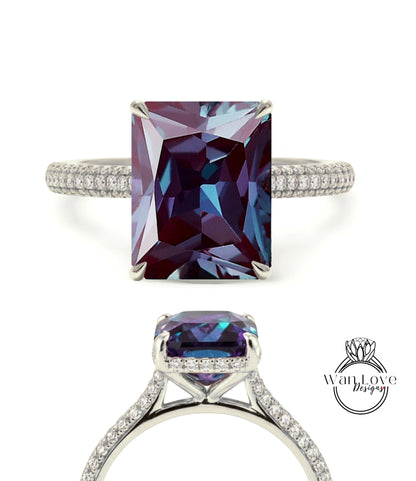 Alexandrite & Diamond Emerald cut 3 sided Band Celebrity Style Engagement Ring Custom 14k 18k White Yellow Rose Gold Platinum Wedding Anniversary Bridal Gift