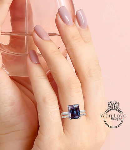 Set di anelli di fidanzamento radianti con alessandrite e diamanti, set di anelli di fidanzamento con foglie Milgrain, per l'eternità, personalizzati per celebrità