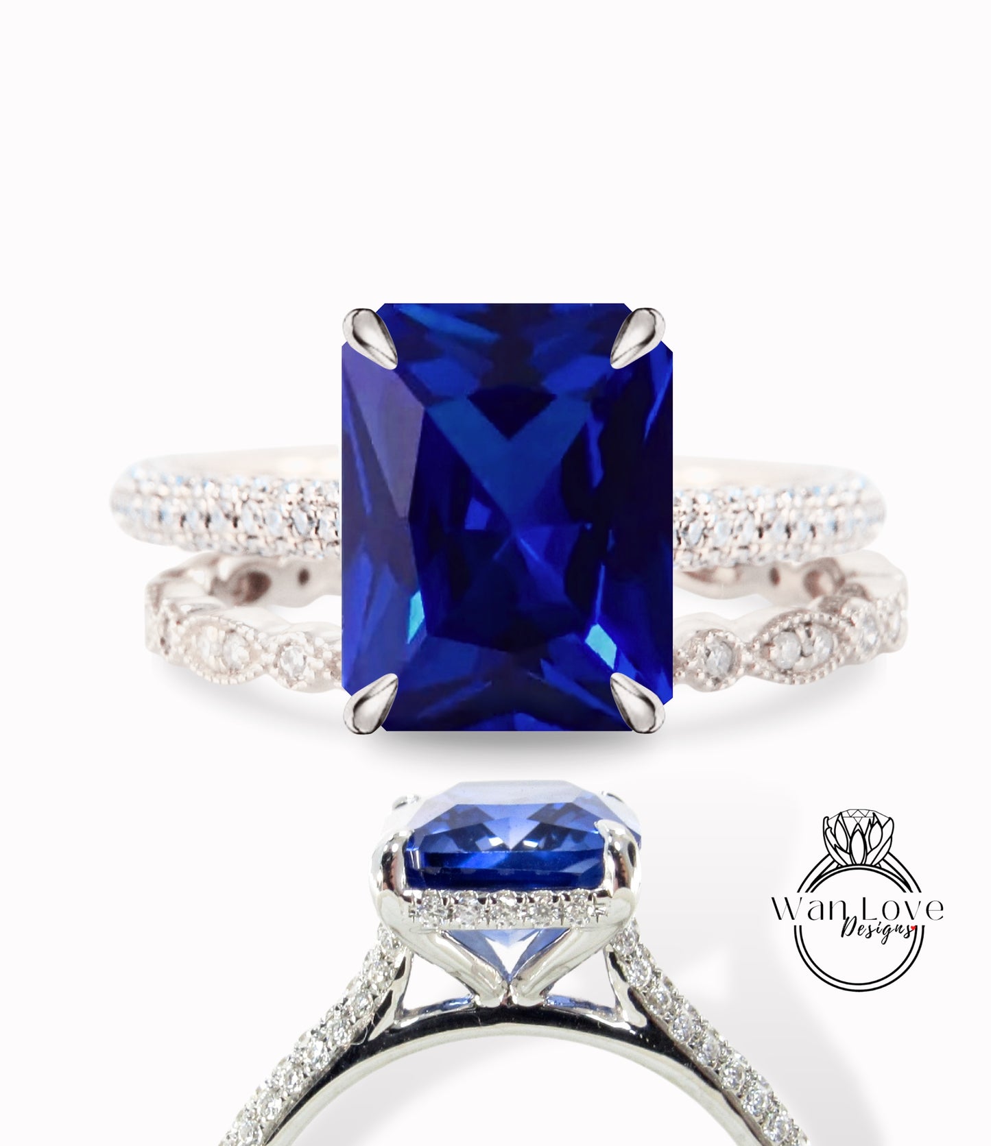 Anello di celebrità con zaffiro blu e diamante smeraldo radioso anello di fidanzamento set completo con foglia dell'eternità Milgrain fede nuziale sul lato nascosto Halo personalizzato