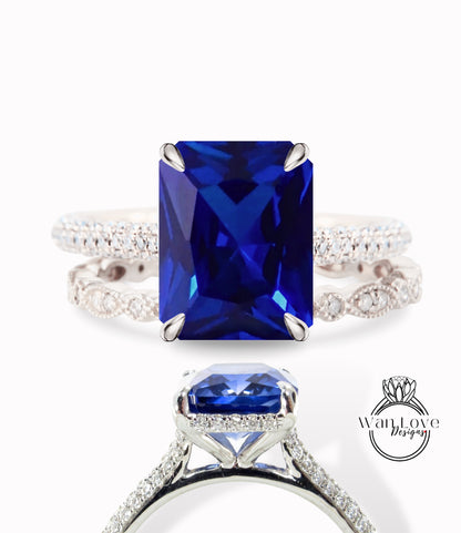 Anello di celebrità con zaffiro blu e diamante smeraldo radioso anello di fidanzamento set completo con foglia dell'eternità Milgrain fede nuziale sul lato nascosto Halo personalizzato