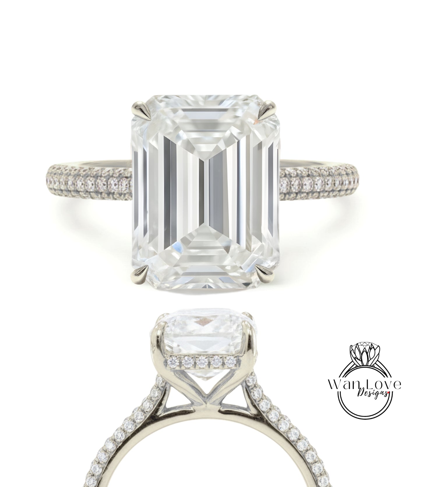Moissanite & Diamond Emerald cut 3 sided Band Celebrity Style Engagement Ring Custom 14k 18k White Yellow Rose Gold Platinum Wedding Anniversary Bridal Gift