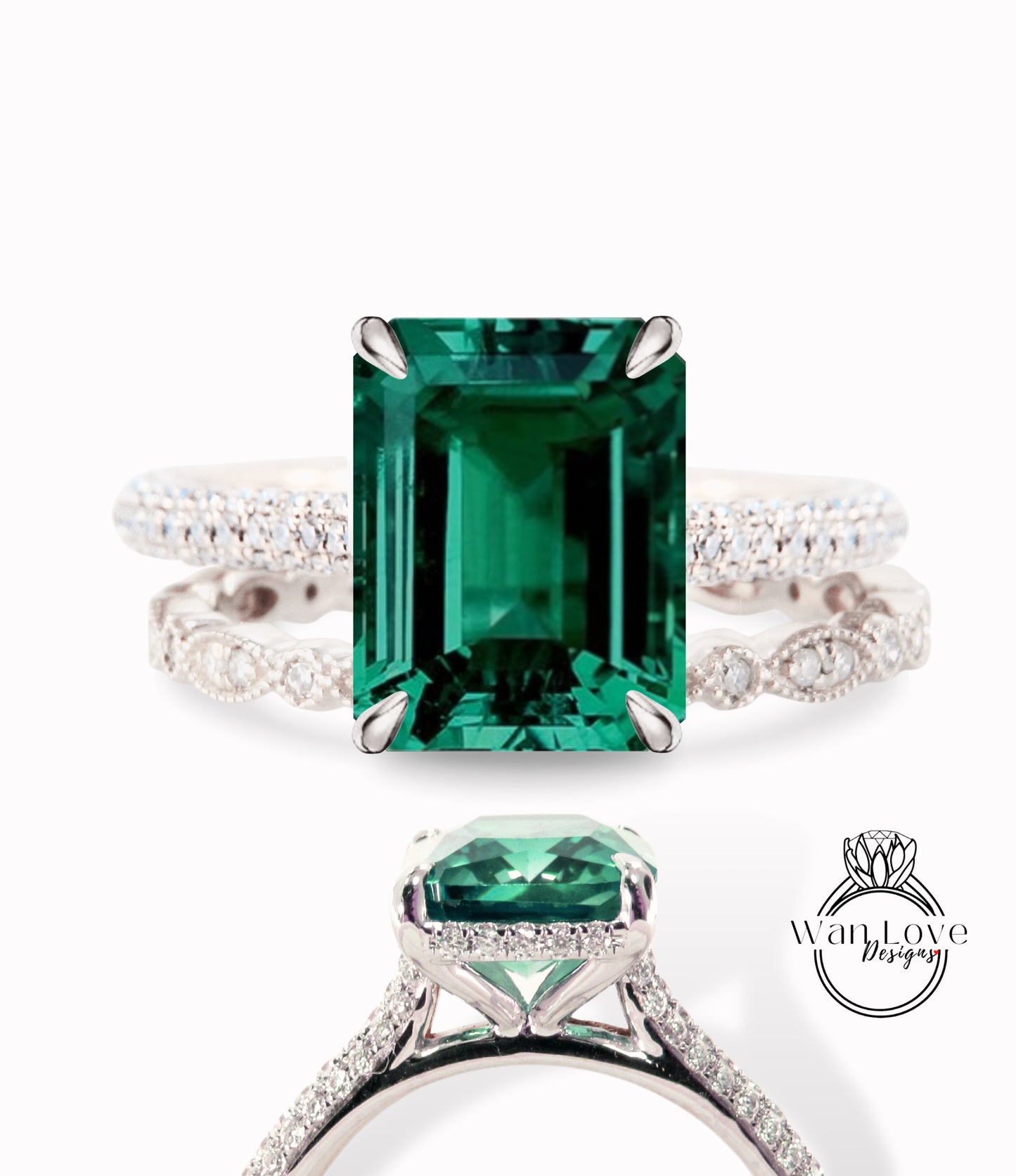 Set di anelli di fidanzamento radianti con smeraldo e diamante, fede nuziale Milgrain Leaf Eternity, stile celebrità, su misura, regalo di anniversario