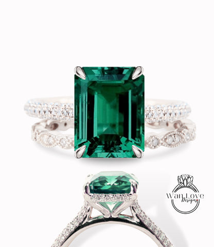 Set di anelli di fidanzamento radianti con smeraldo e diamante, fede nuziale Milgrain Leaf Eternity, stile celebrità, su misura, regalo di anniversario