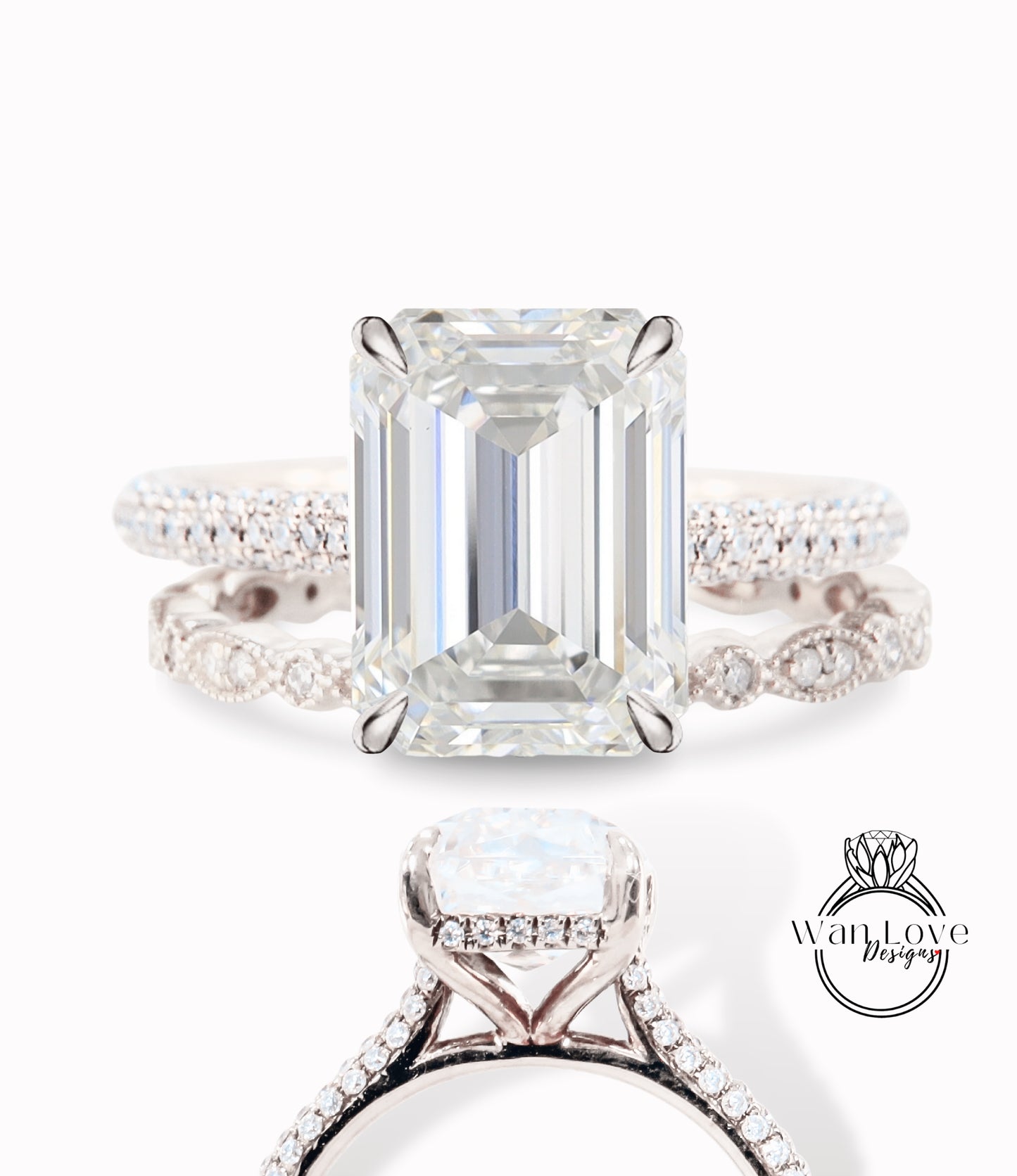 Moissanite Diamante Smeraldo Radiante Anello di fidanzamento Fede nuziale a foglia Set Halo laterale Stile celebrità, Personalizzato, Placcato in oro giallo rosa bianco 14k