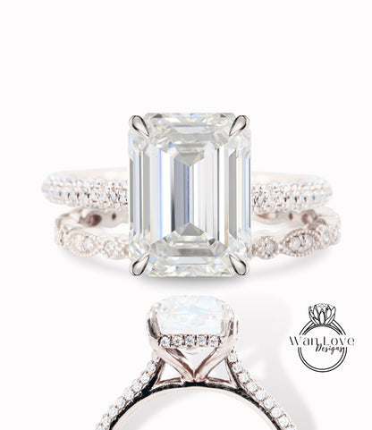 Moissanite Diamante Smeraldo Radiante Anello di fidanzamento Fede nuziale a foglia Set Halo laterale Stile celebrità, Personalizzato, Placcato in oro giallo rosa bianco 14k