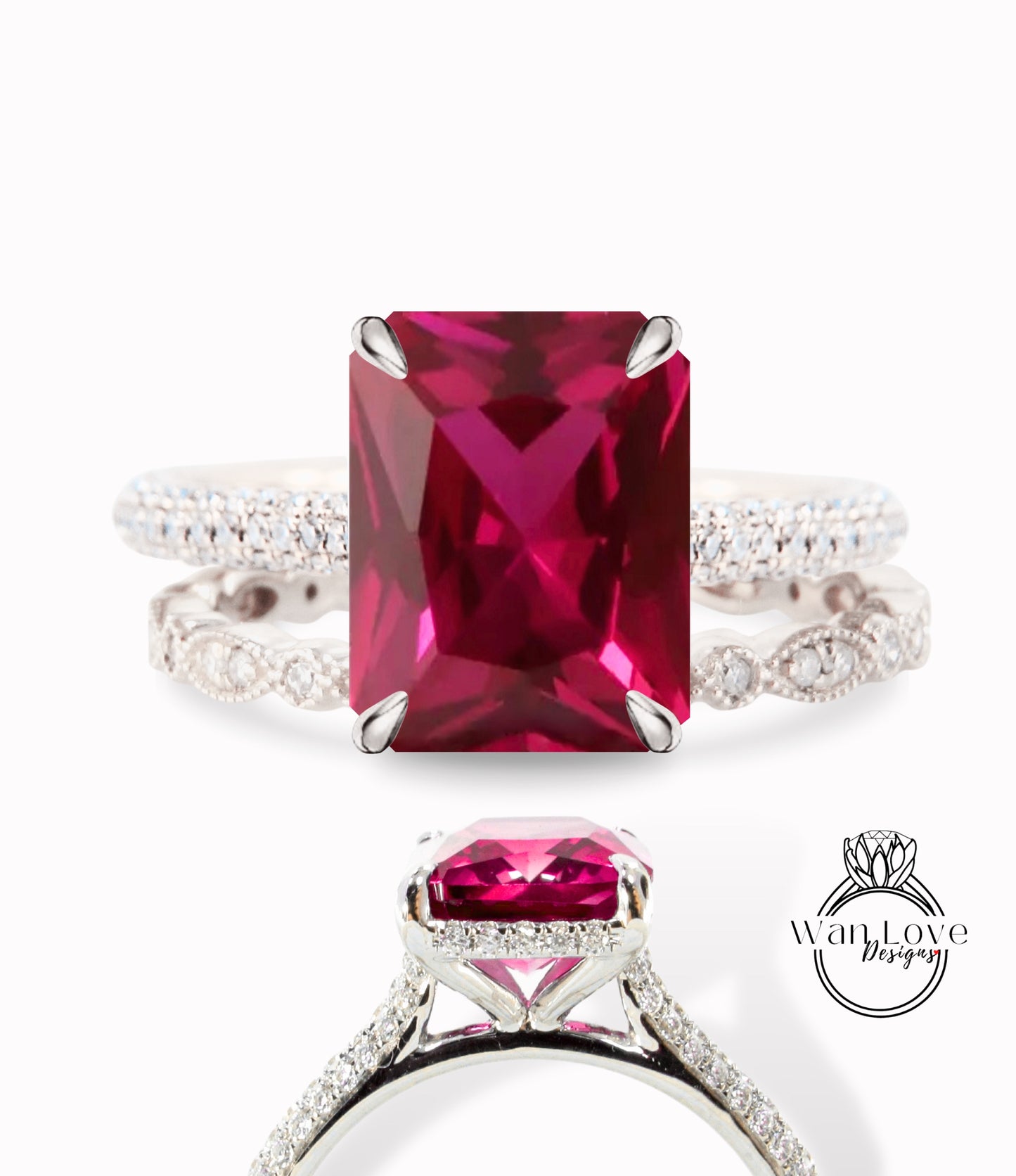 Anello di fidanzamento radiante con rubino e diamante smeraldo, set di fedi nuziali per l'eternità delle foglie, celebrità, personalizzato, regalo di anniversario, sposa