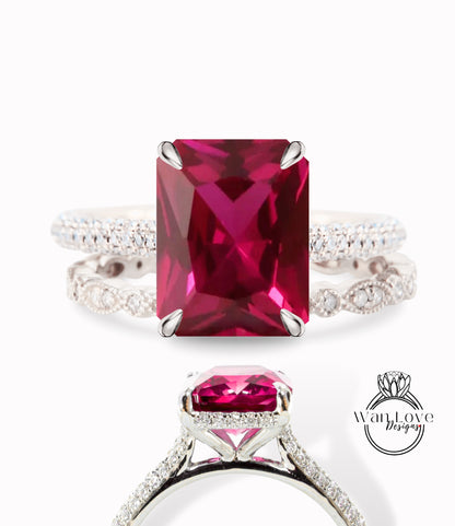 Anello di fidanzamento radiante con rubino e diamante smeraldo, set di fedi nuziali per l'eternità delle foglie, celebrità, personalizzato, regalo di anniversario, sposa