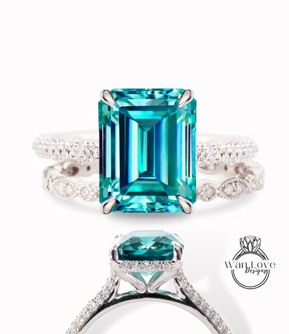 Teal Green Blue Moissanite Diamanti Smeraldo Radiant Side Halo Anello di fidanzamento Foglia Wedding Band Set Celebrity Custom Anniversary Anello nuziale