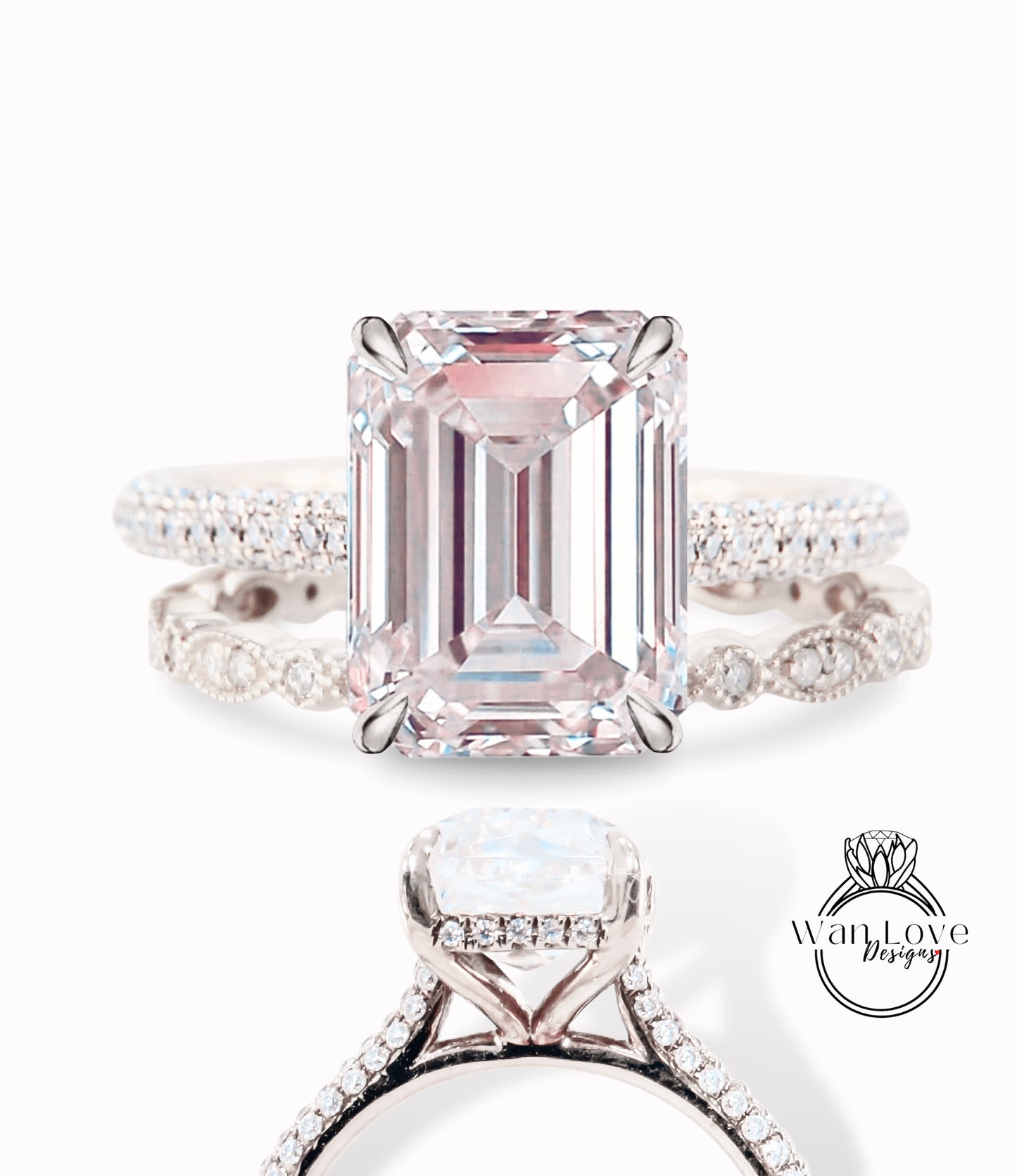 Anello di fidanzamento con diamante rosa chiaro con zaffiro taglio smeraldo, set da sposa in stile art deco, anello con alone nascosto sul lato con diamante antico, fascia per anniversario di matrimonio