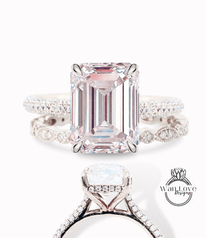 Anello di fidanzamento con diamante rosa chiaro con zaffiro taglio smeraldo, set da sposa in stile art deco, anello con alone nascosto sul lato con diamante antico, fascia per anniversario di matrimonio