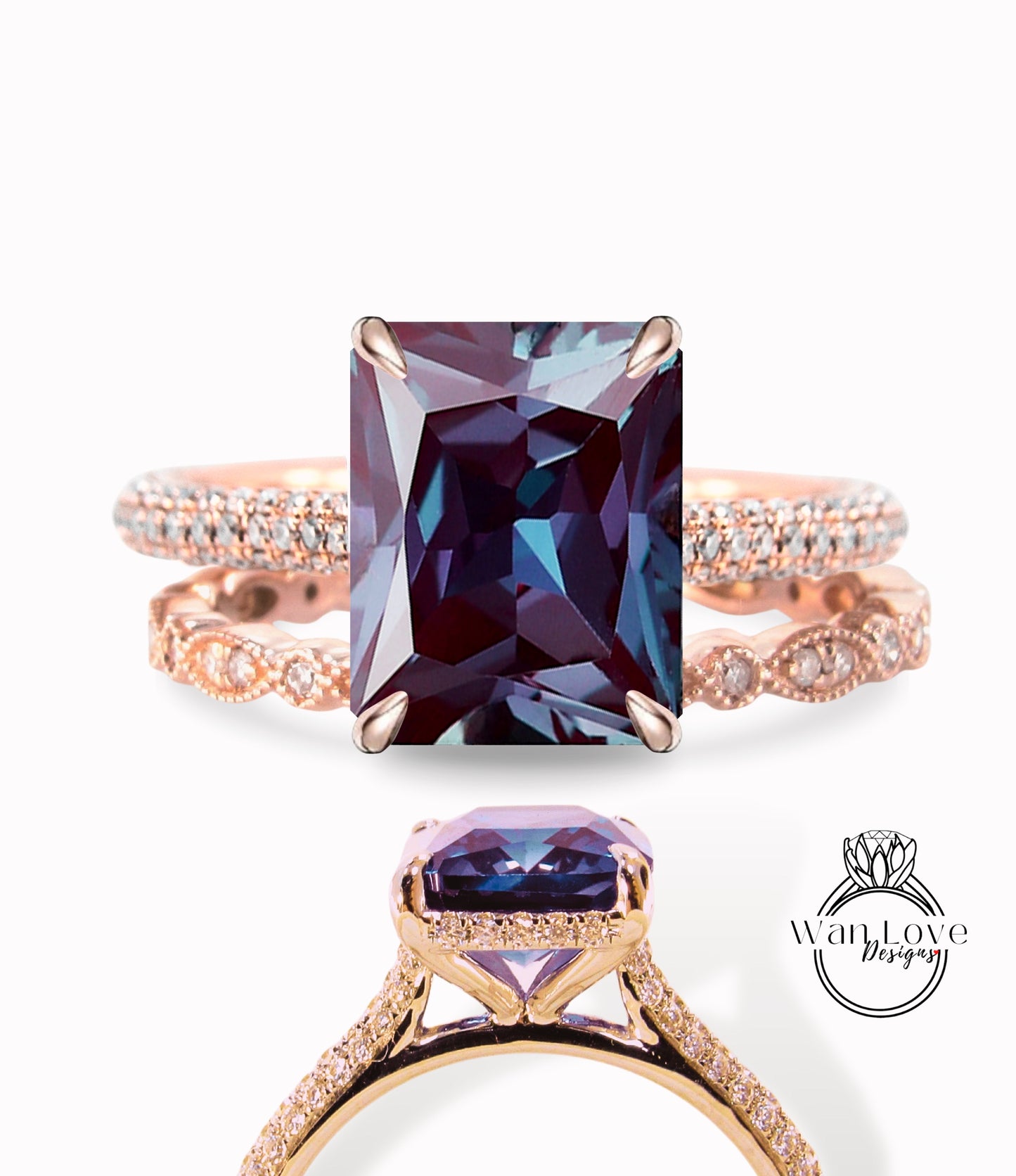 Set di anelli di fidanzamento radianti con alessandrite e diamanti, set di anelli di fidanzamento con foglie Milgrain, per l'eternità, personalizzati per celebrità