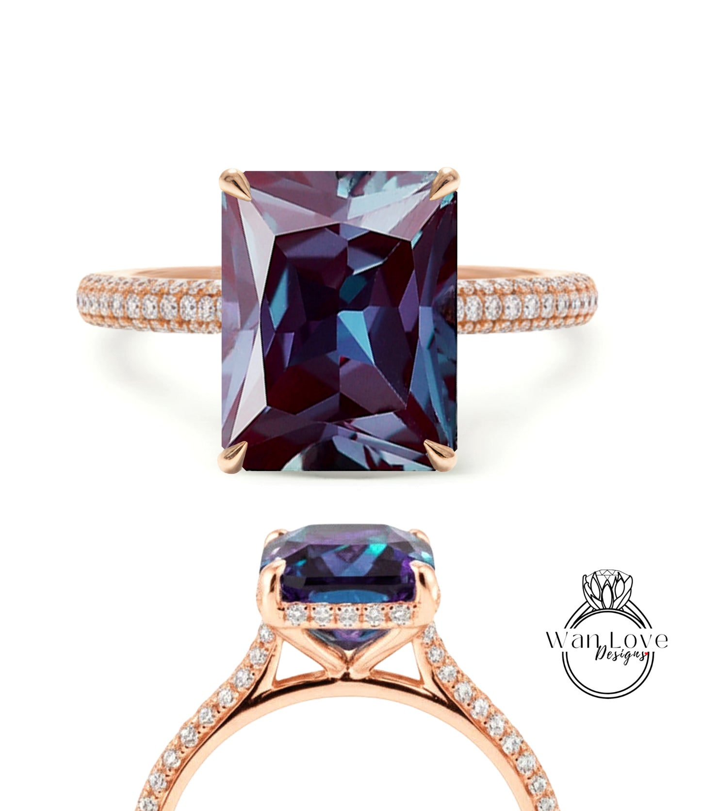 Alexandrite & Diamond Emerald cut 3 sided Band Celebrity Style Engagement Ring Custom 14k 18k White Yellow Rose Gold Platinum Wedding Anniversary Bridal Gift