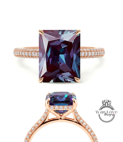 Alexandrite & Diamond Emerald cut 3 sided Band Celebrity Style Engagement Ring Custom 14k 18k White Yellow Rose Gold Platinum Wedding Anniversary Bridal Gift